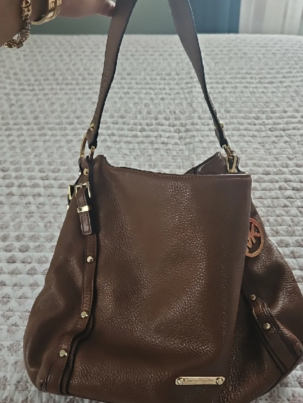 Michael Kors Cognac Pebbled Leather Hobo with Gold Logo Charm - Picture 3 of 14